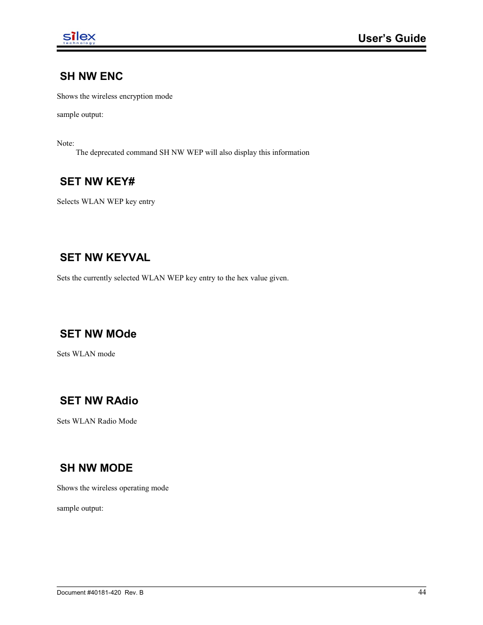 Sh nw enc, Set nw key, Set nw keyval | Set nw mode, Set nw radio, Sh nw mode, User’s guide sh nw enc | Sony SX-215 User Manual | Page 44 / 87