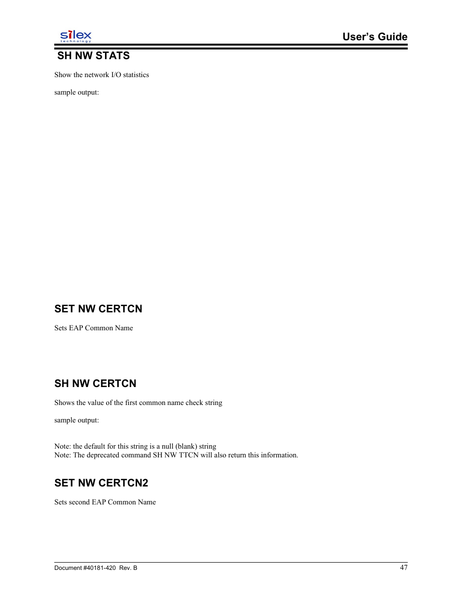 Sh nw stats, Set nw certcn, Sh nw certcn | Set nw certcn2, User’s guide sh nw stats | Sony SX-215 User Manual | Page 47 / 87