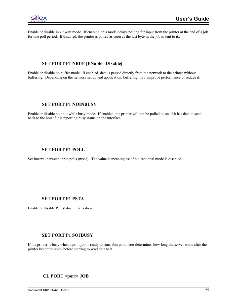 Set port p1 nbuf [enable | disable, Set port p1 noinbusy, Set port p1 poll | Set port p1 psta, Set port p1 sojbusy, Cl port <port> job, User’s guide | Sony SX-215 User Manual | Page 55 / 87