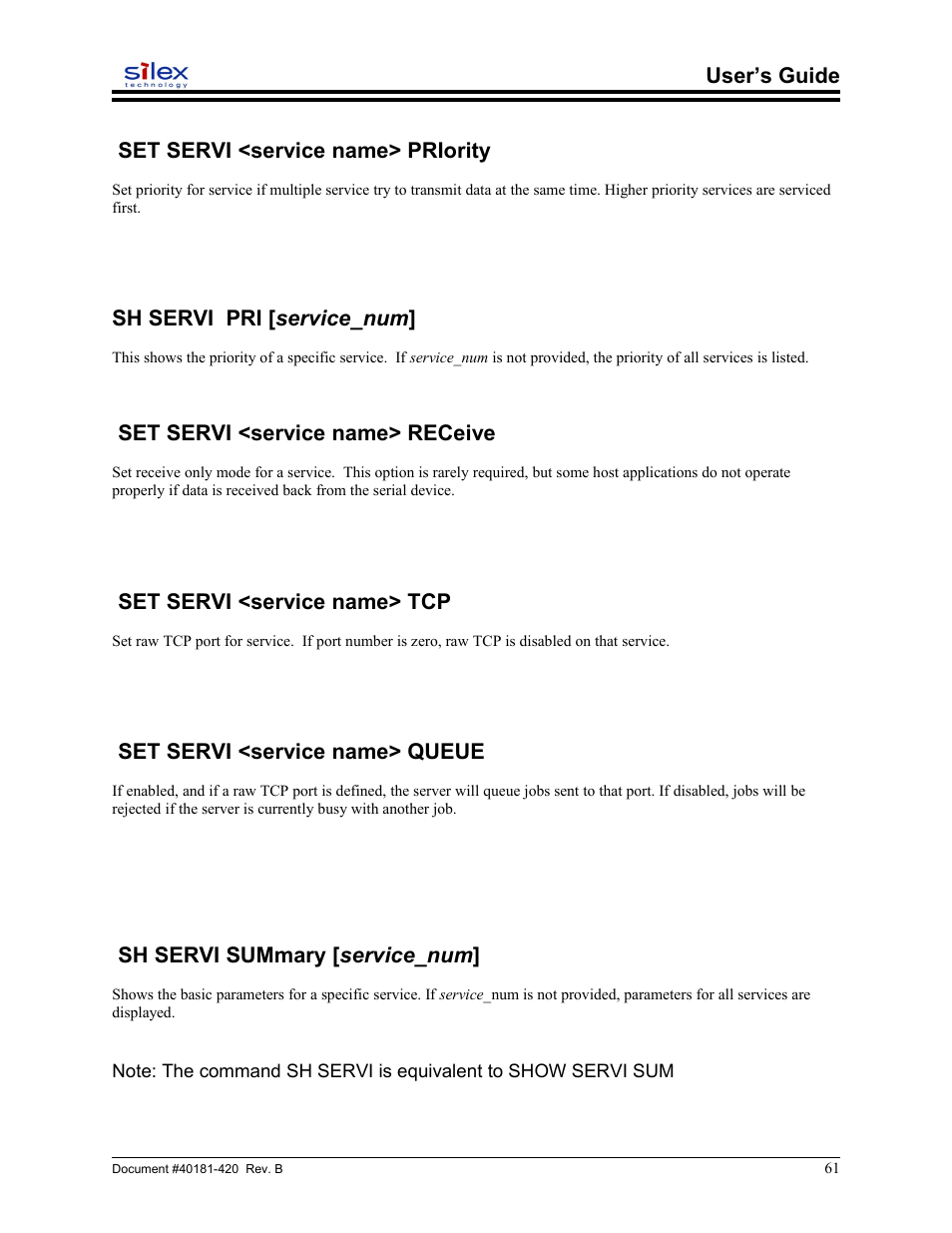 Set servi <service name> priority, Sh servi pri [service_num, Set servi <service name> receive | Set servi <service name> tcp, Set servi <service name> queue, Sh servi summary [service_num, User’s guide set servi <service name> priority, Sh servi pri [ service_num, Sh servi summary [ service_num | Sony SX-215 User Manual | Page 61 / 87