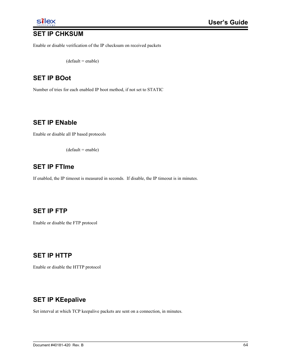 Set ip chksum, Set ip boot, Set ip enable | Set ip ftime, Set ip ftp, Set ip http, Set ip keepalive, User’s guide set ip chksum | Sony SX-215 User Manual | Page 64 / 87