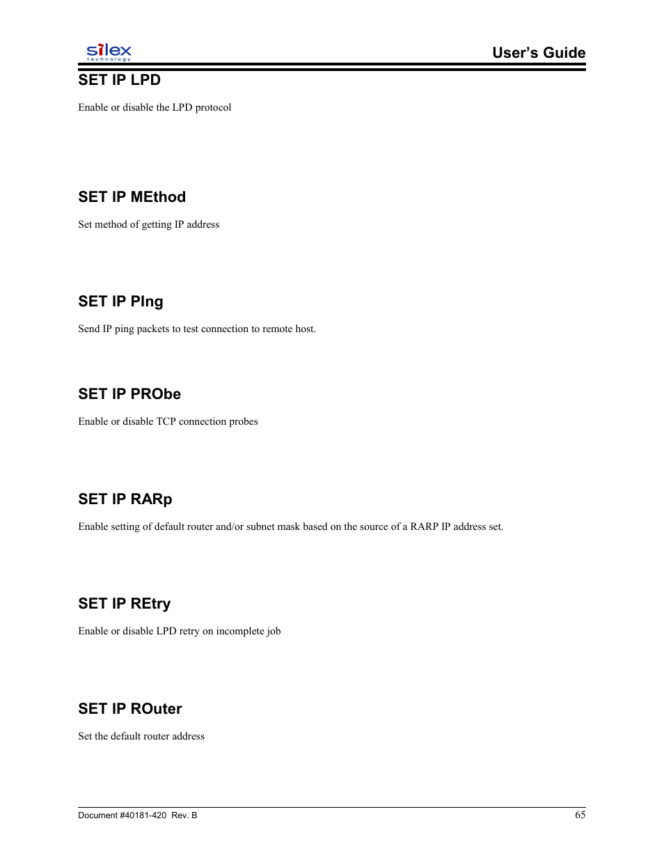 Set ip lpd, Set ip method, Set ip ping | Set ip probe, Set ip rarp, Set ip retry, Set ip router, User’s guide set ip lpd | Sony SX-215 User Manual | Page 65 / 87