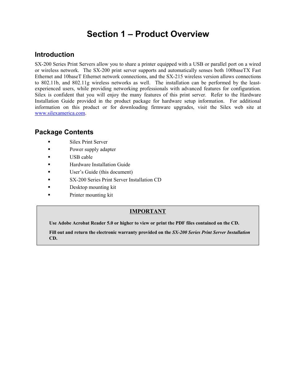 Section 1 – product overview, Introduction, Package contents | Sony SX-215 User Manual | Page 7 / 87