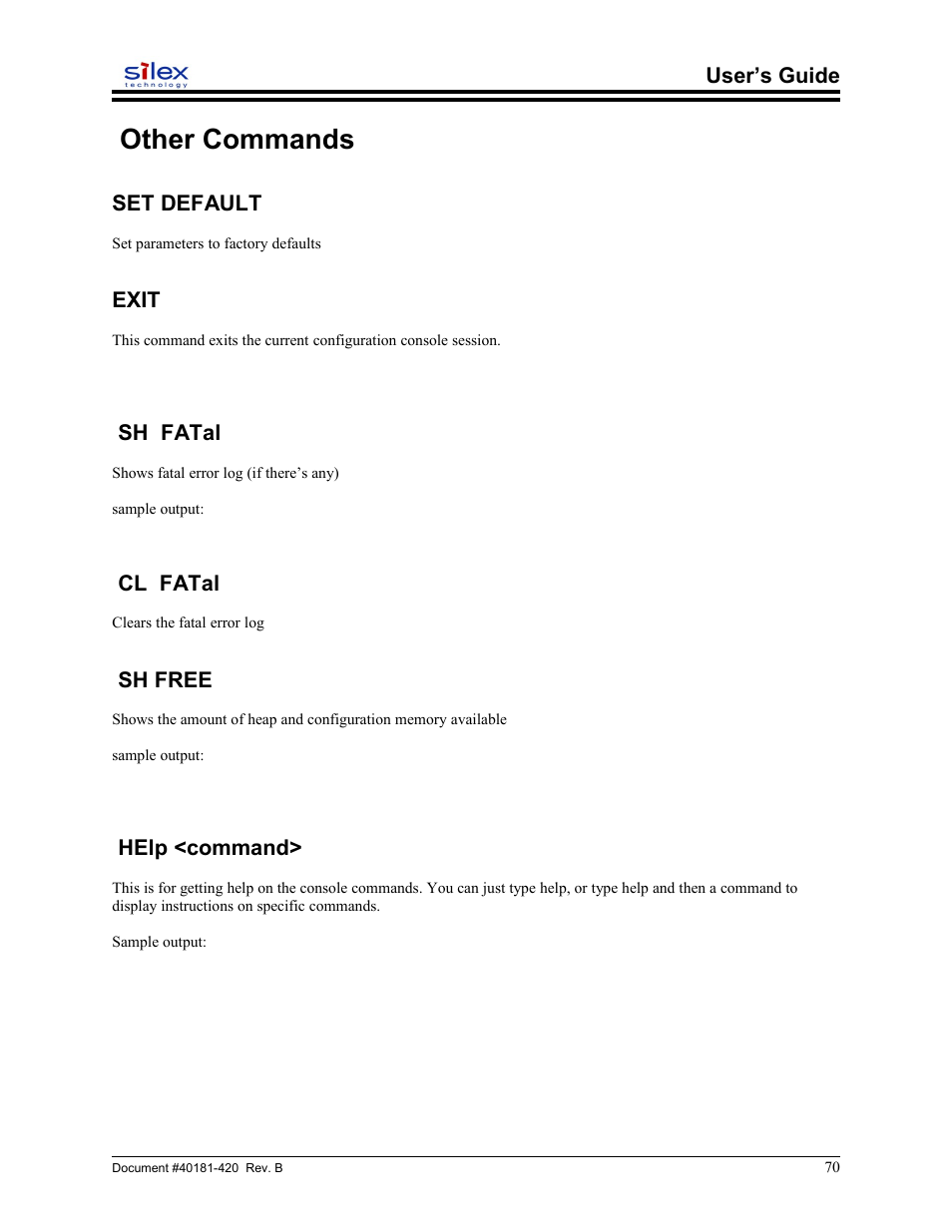 Other commands, Set default, Exit | Sh fatal, Cl fatal, Sh free, Help <command, User’s guide | Sony SX-215 User Manual | Page 70 / 87