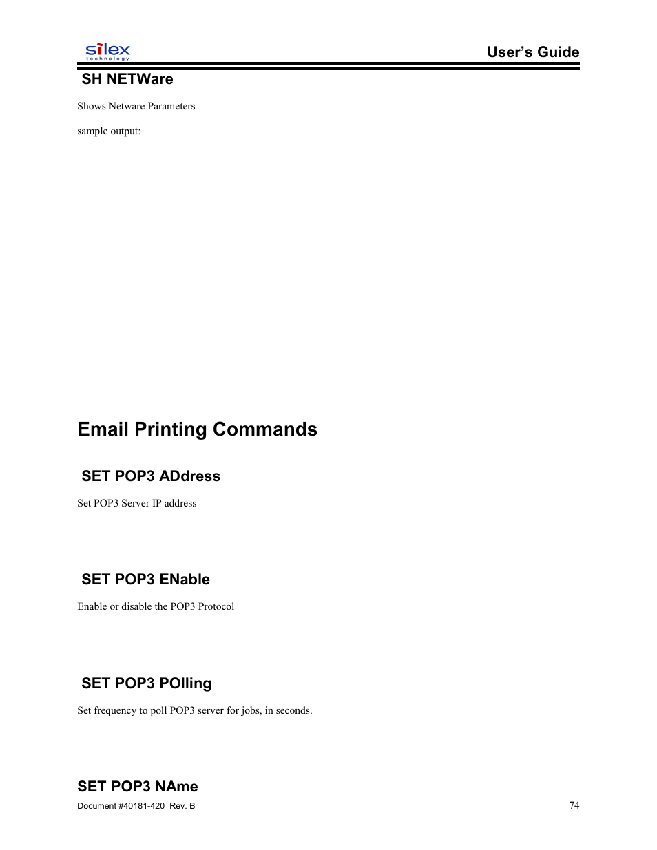 Sh netware, Email printing commands, Set pop3 address | Set pop3 enable, Set pop3 polling, Set pop3 name, User’s guide sh netware | Sony SX-215 User Manual | Page 74 / 87