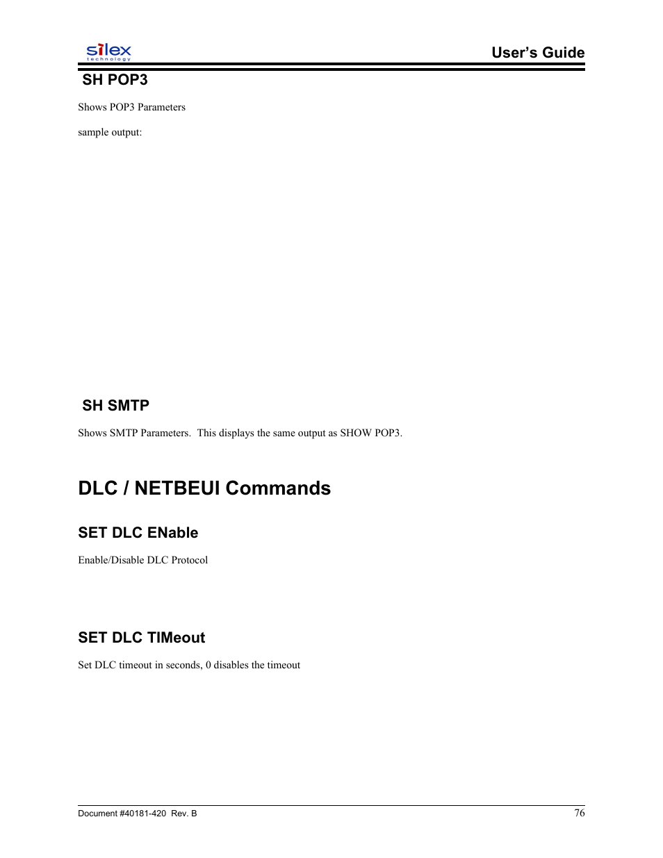 Sh pop3, Sh smtp, Dlc / netbeui commands | Set dlc enable, Set dlc timeout, User’s guide sh pop3 | Sony SX-215 User Manual | Page 76 / 87