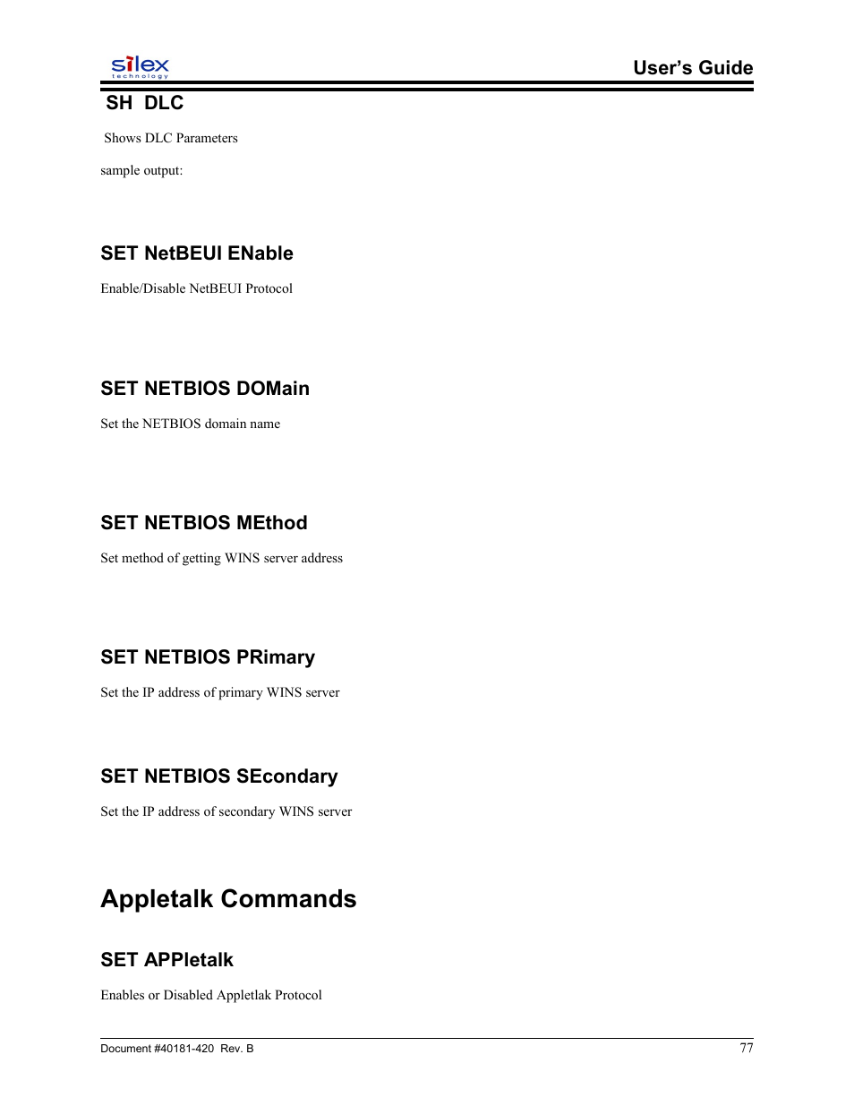 Sh dlc, Set netbeui enable, Set netbios domain | Set netbios method, Set netbios primary, Set netbios secondary, Appletalk commands, Set appletalk, User’s guide sh dlc | Sony SX-215 User Manual | Page 77 / 87