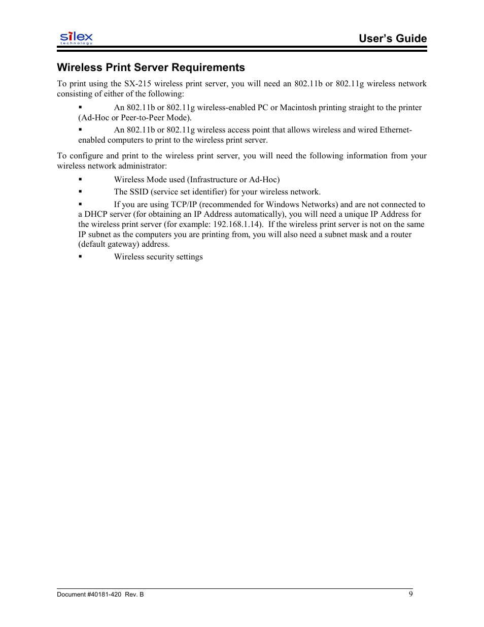 Wireless print server requirements, User’s guide wireless print server requirements | Sony SX-215 User Manual | Page 9 / 87