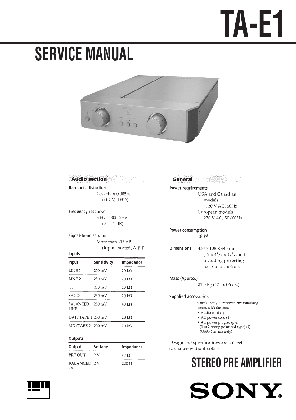 Sony TA-E1 User Manual | 18 pages