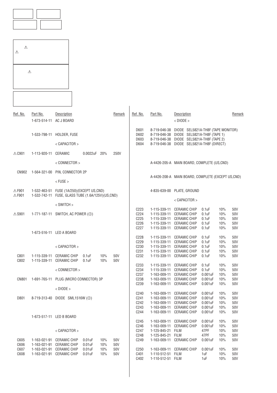 Section 5 electrical parts list, Led a main led b | Sony TA-E1 User Manual | Page 14 / 18
