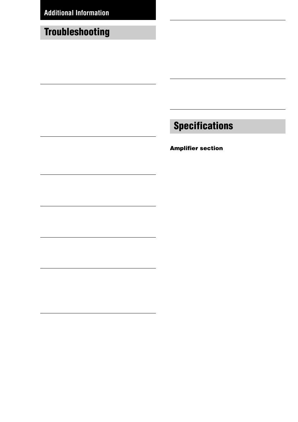 Additional information, Troubleshooting, Specifications | Sony TA-FE370 User Manual | Page 10 / 44