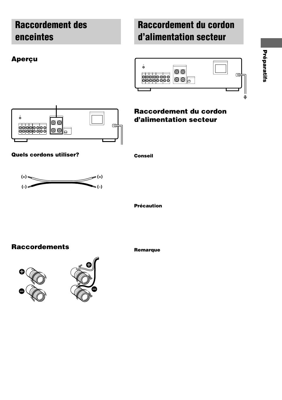 Raccordement des enceintes, Raccordement du cordon d’alimentation secteur, Aperçu | Raccordements, Préparatifs, Quels cordons utiliser, Conseil, Précaution, Remarque, À une prise secteur speakers | Sony TA-FE370 User Manual | Page 17 / 44