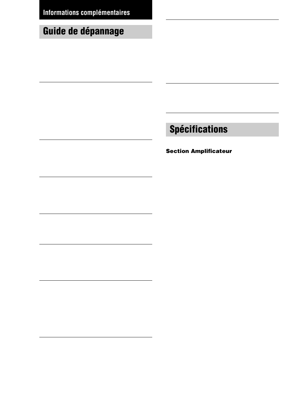 Informations complémentaires, Guide de dépannage, Spécifications | Sony TA-FE370 User Manual | Page 20 / 44