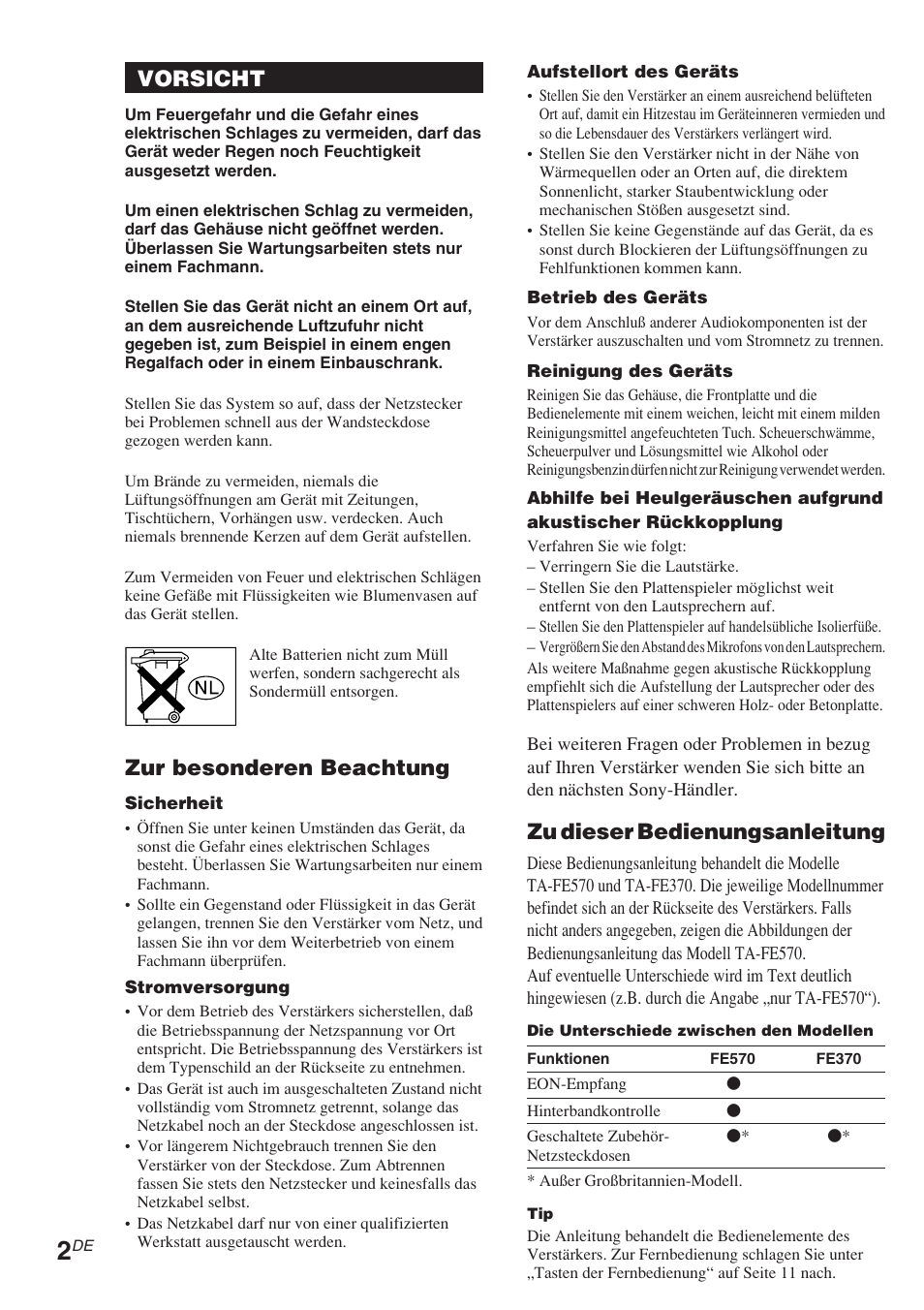 Vorsicht, Zur besonderen beachtung, Zu dieser bedienungsanleitung | Sony TA-FE370 User Manual | Page 22 / 44