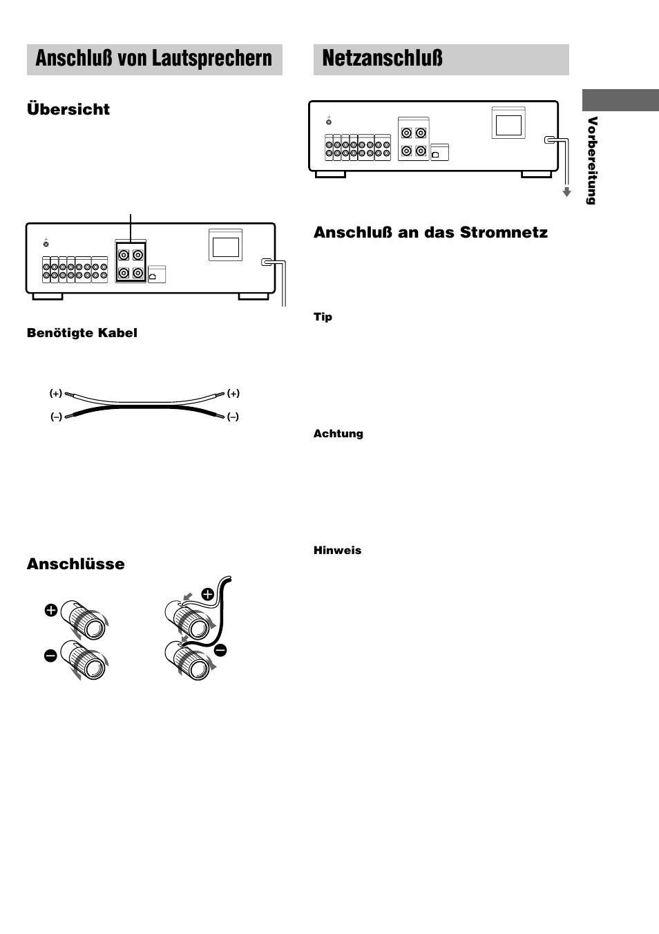 Anschluß von lautsprechern, Netzanschluß, Übersicht | Anschlüsse, Anschluß an das stromnetz, Vorbereitung, Benötigte kabel, Achtung, Hinweis, An-netzsteckdose speakers | Sony TA-FE370 User Manual | Page 27 / 44