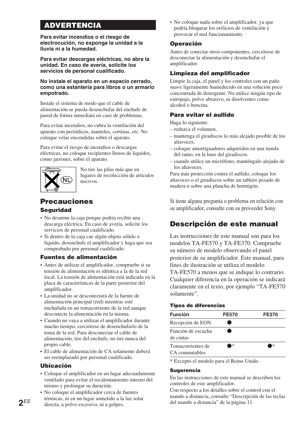 Advertencia, Precauciones, Descripción de este manual | Sony TA-FE370 User Manual | Page 32 / 44