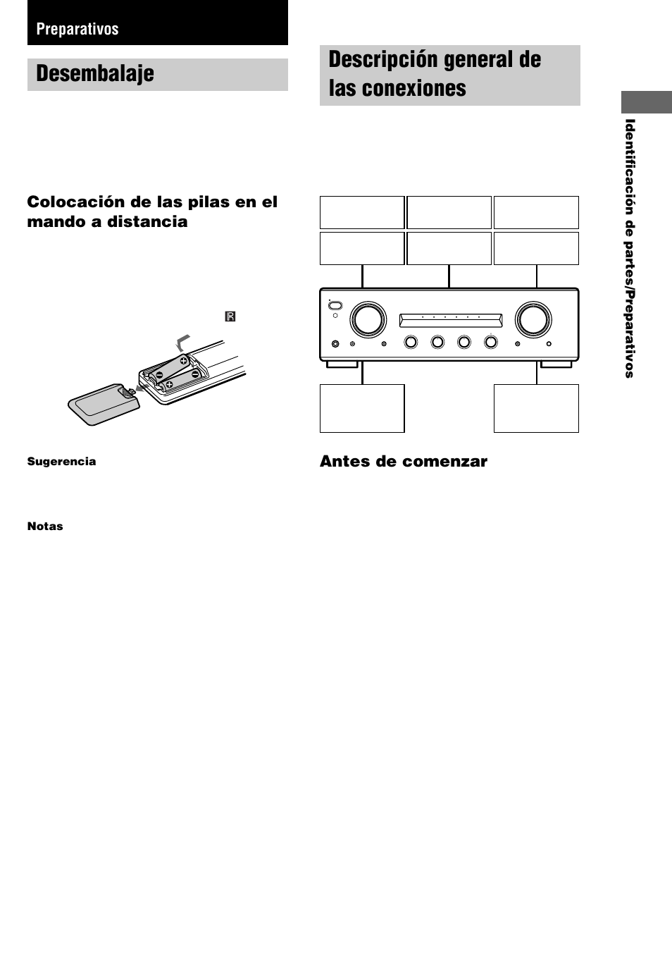 Preparativos, Desembalaje, Descripción general de las conexiones | Colocación de las pilas en el mando a distancia, Antes de comenzar | Sony TA-FE370 User Manual | Page 35 / 44