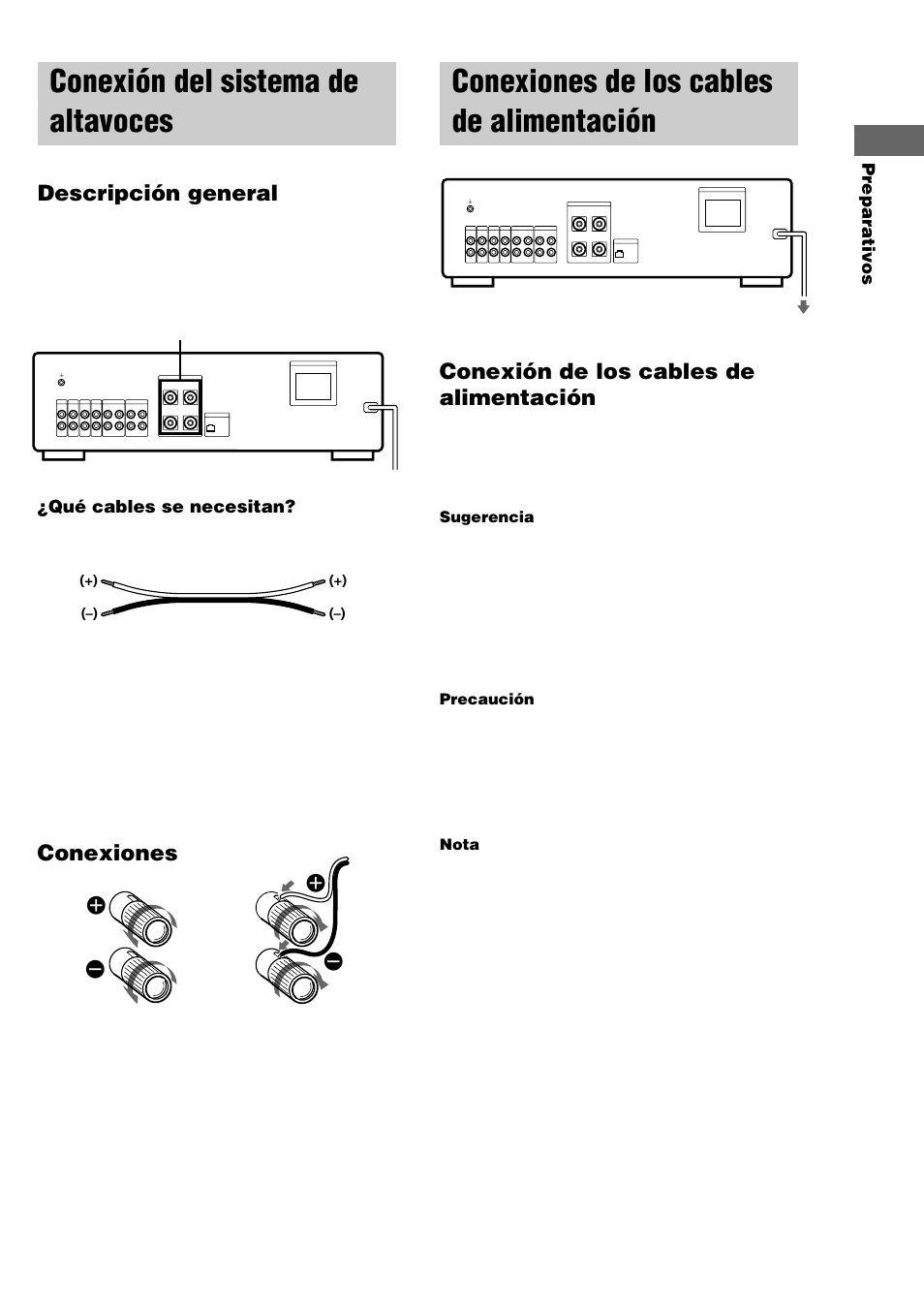 Conexión del sistema de altavoces, Conexiones de los cables de alimentación, Descripción general | Conexiones, Conexión de los cables de alimentación, Preparativos, Qué cables se necesitan, A un tomacorriente de la red, Sugerencia, Precaución | Sony TA-FE370 User Manual | Page 37 / 44