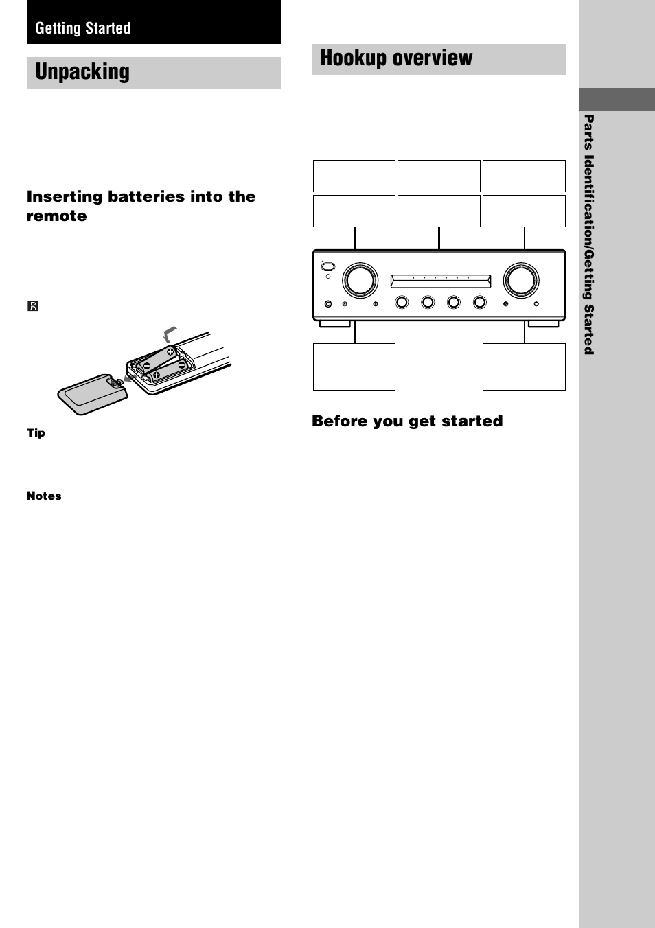 Getting started, Unpacking, Hookup overview | Inserting batteries into the remote, Before you get started | Sony TA-FE370 User Manual | Page 5 / 44