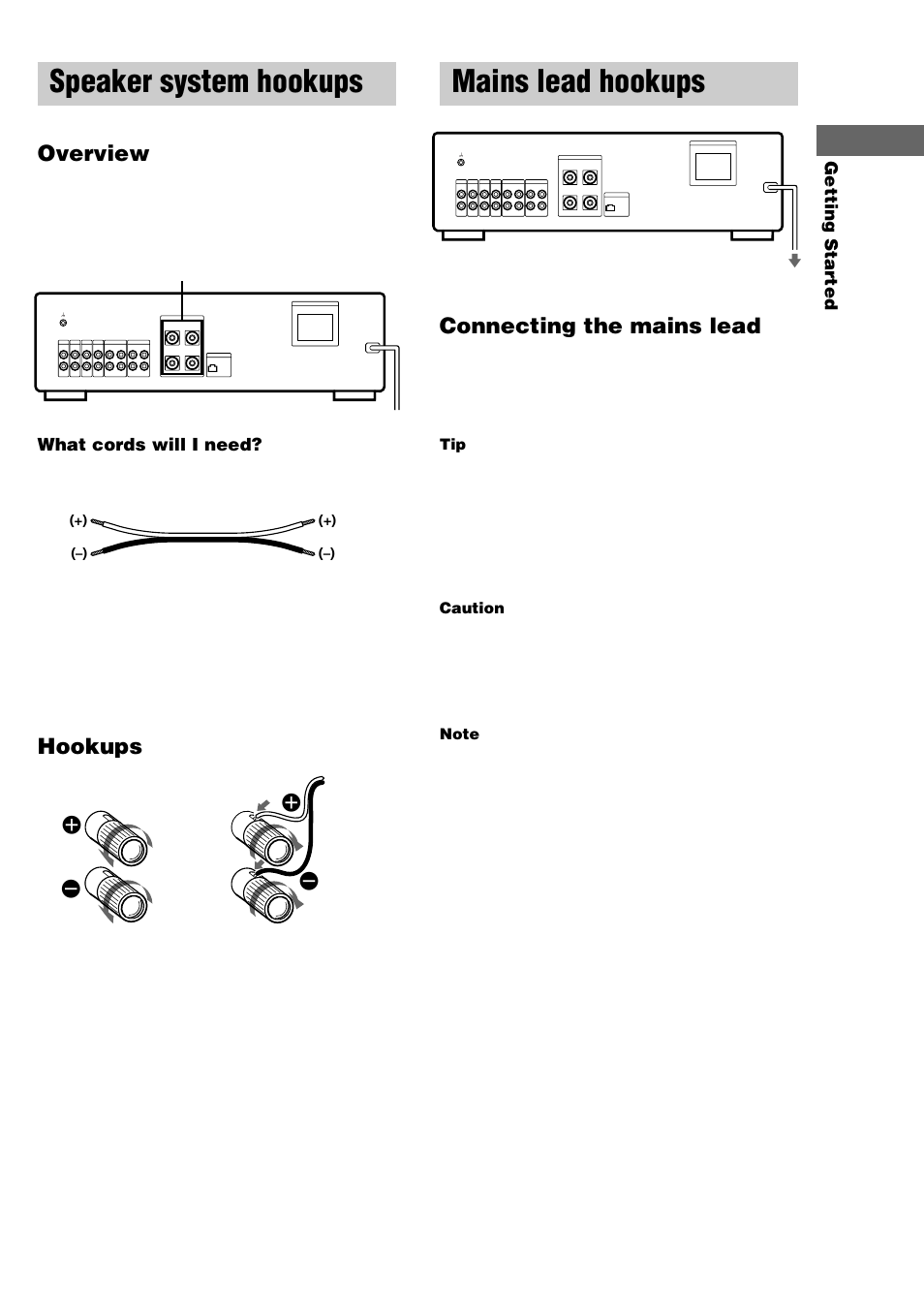 Speaker system hookups, Mains lead hookups, Overview | Hookups, Connecting the mains lead, Getting started, What cords will i need, Speakers, Caution | Sony TA-FE370 User Manual | Page 7 / 44