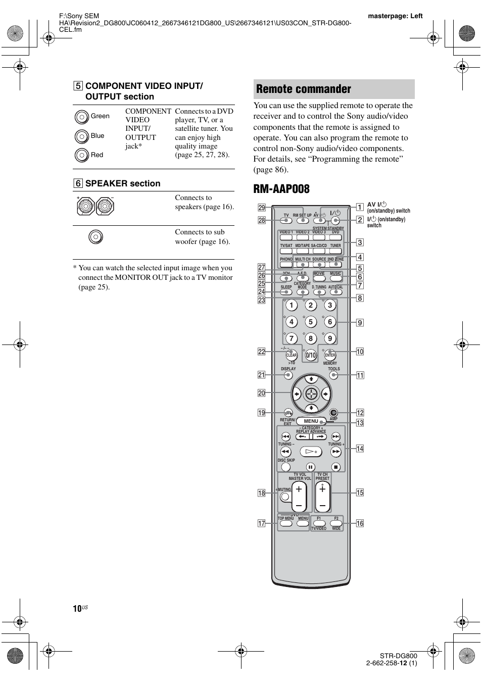 Rm-aap008, Remote commander | Sony STRDG800 User Manual | Page 10 / 100