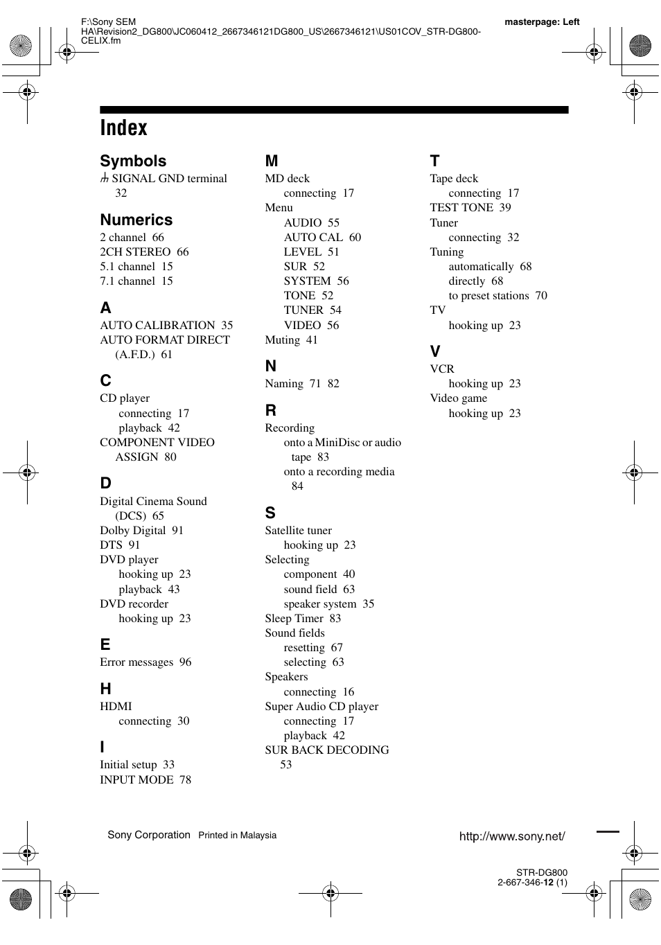 Index, Symbols, Numerics | Sony STRDG800 User Manual | Page 100 / 100