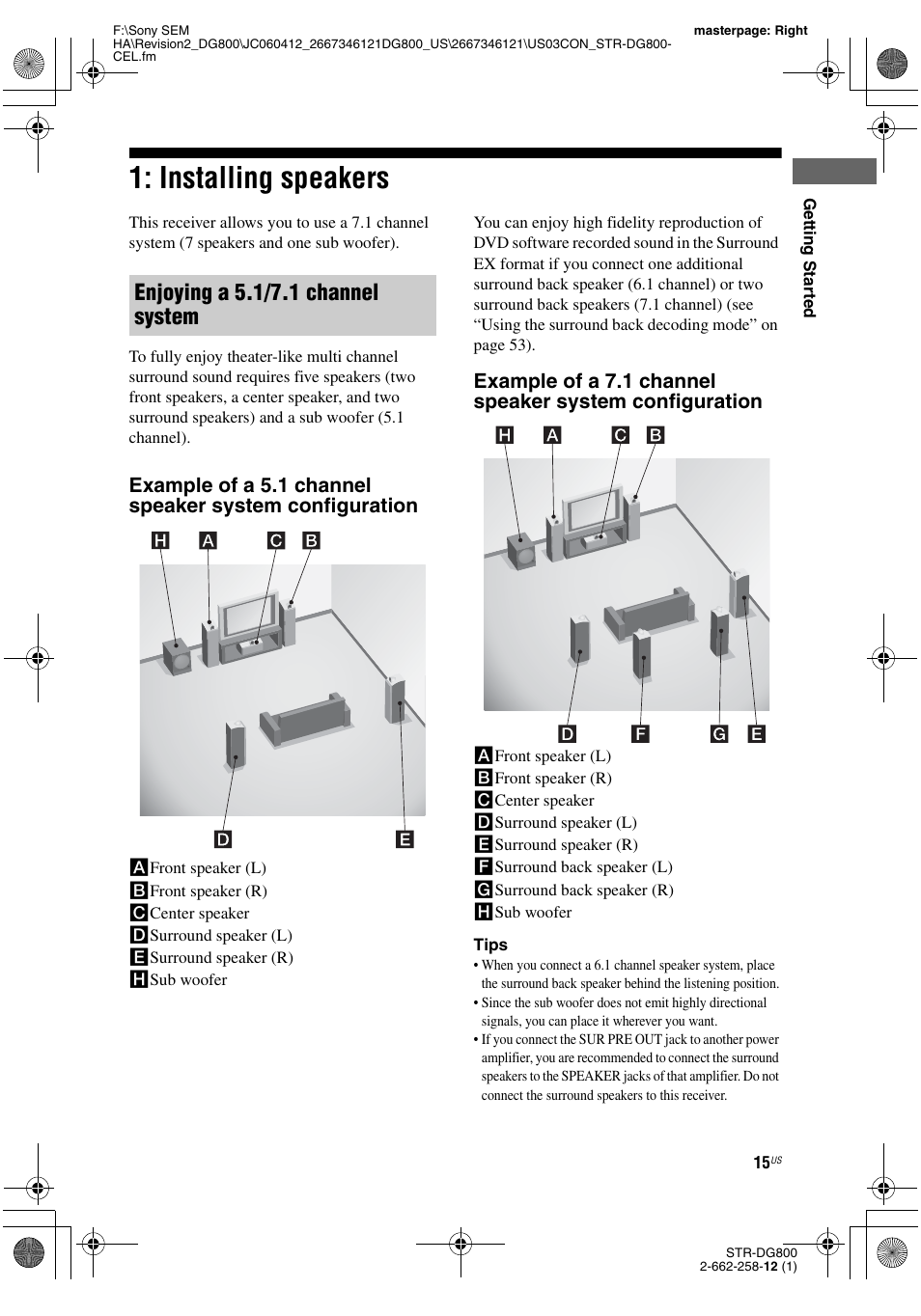 Installing speakers, Enjoying a 5.1/7.1 channel system | Sony STRDG800 User Manual | Page 15 / 100