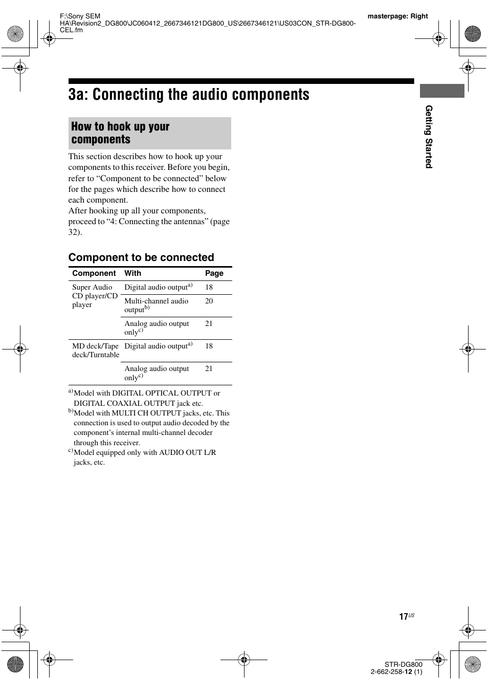 3a: connecting the audio components, How to hook up your components, Component to be connected | Sony STRDG800 User Manual | Page 17 / 100