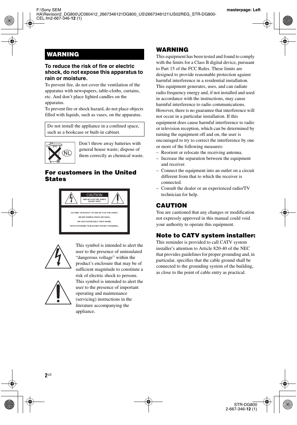 For customers in the united states, Warning, Caution | Sony STRDG800 User Manual | Page 2 / 100