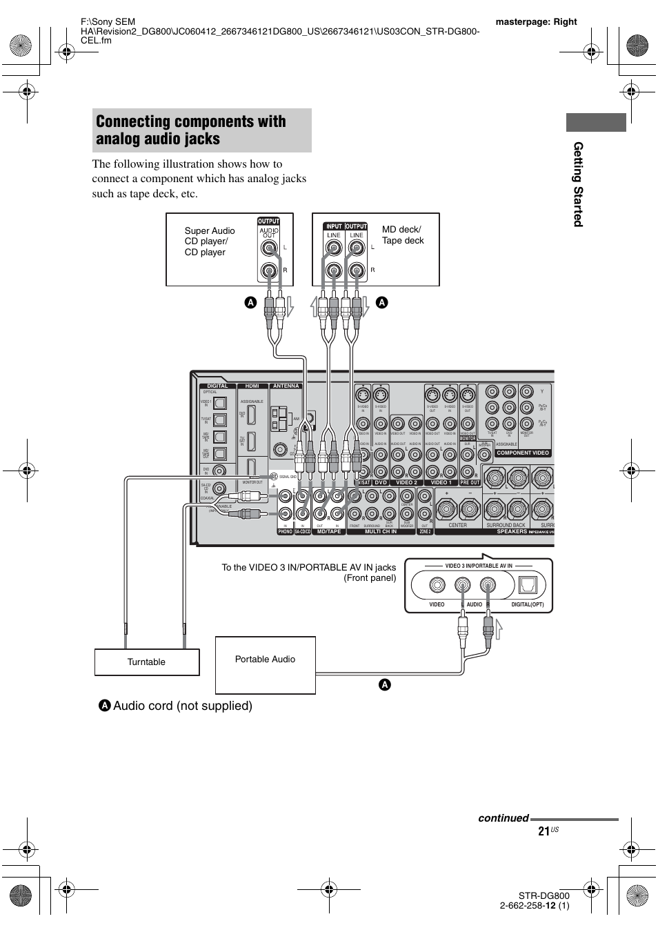 Connecting components with analog audio jacks, Aaudio cord (not supplied), Continued | Sony STRDG800 User Manual | Page 21 / 100