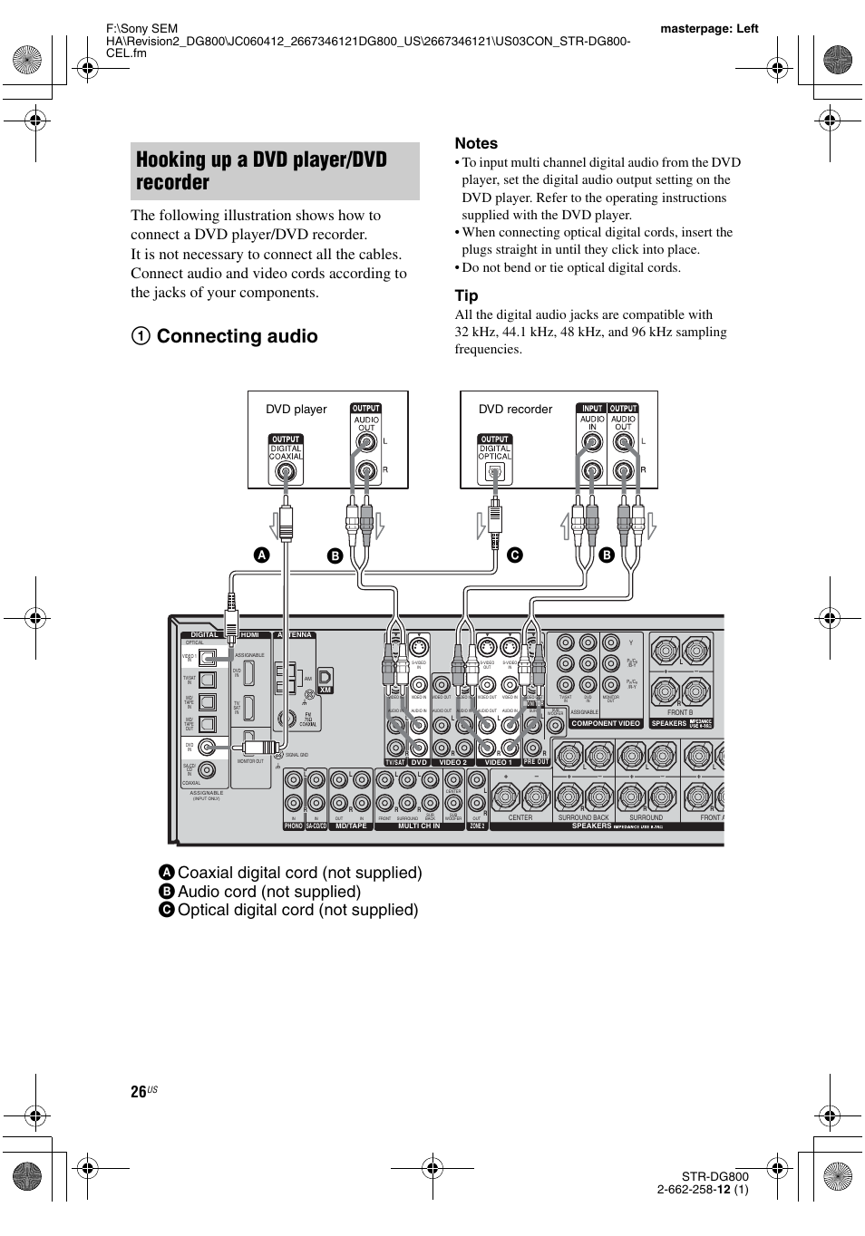 Hooking up a dvd player/dvd recorder, 1connecting audio, Dvd player | Dvd recorder | Sony STRDG800 User Manual | Page 26 / 100