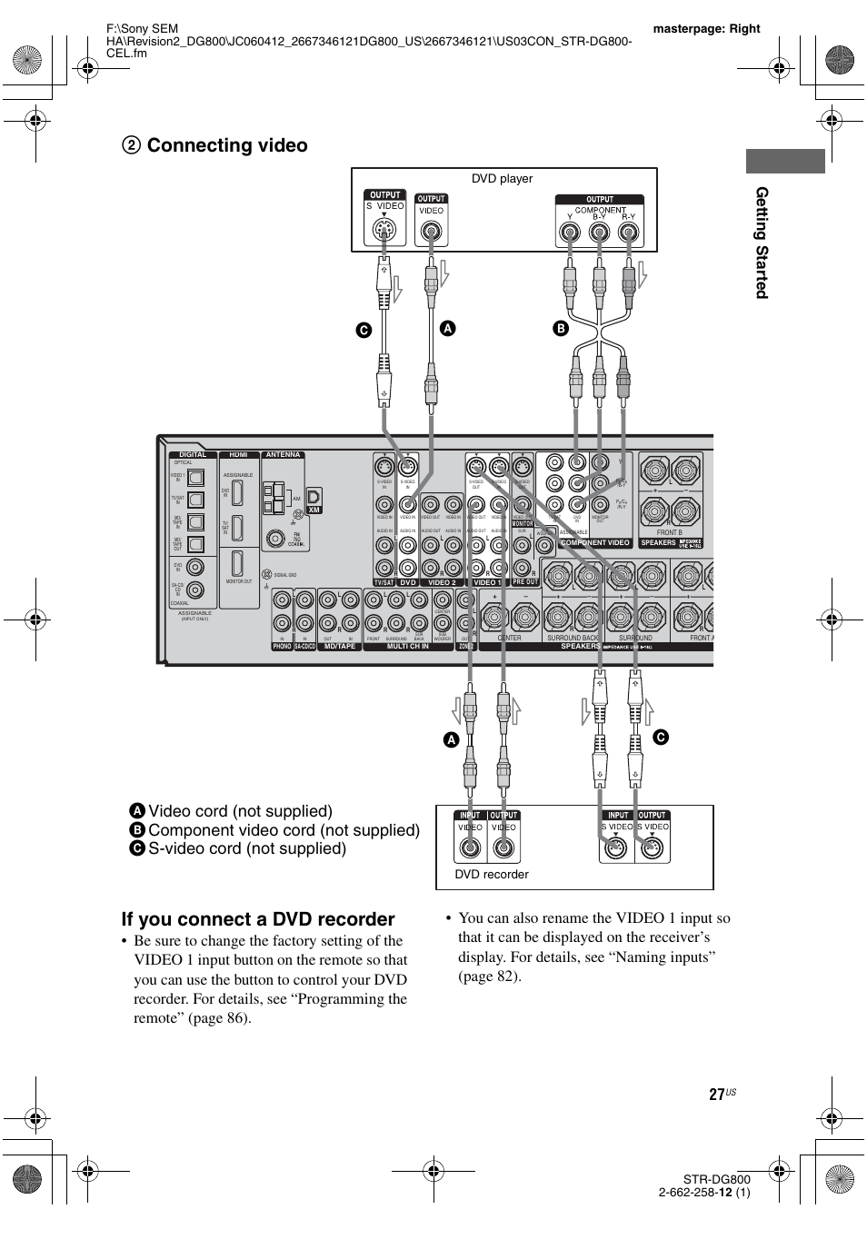 2connecting video if you connect a dvd recorder, Getting star ted, Dvd player | Dvd recorder | Sony STRDG800 User Manual | Page 27 / 100