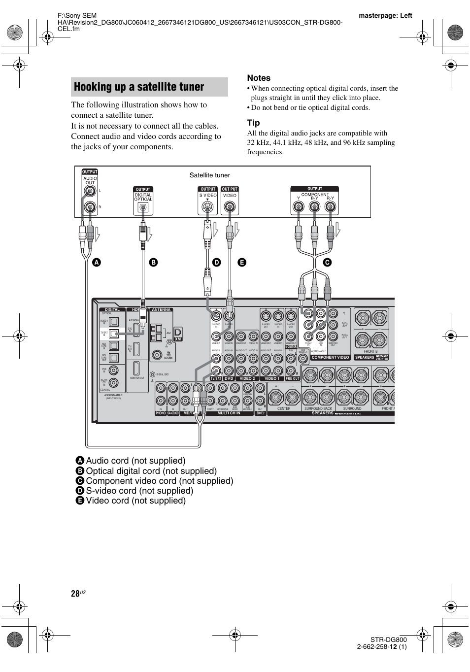 Hooking up a satellite tuner, Satellite tuner | Sony STRDG800 User Manual | Page 28 / 100