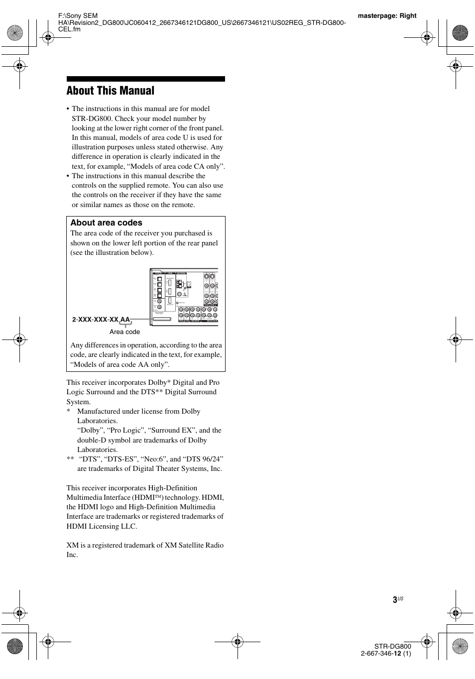 About this manual, About area codes | Sony STRDG800 User Manual | Page 3 / 100