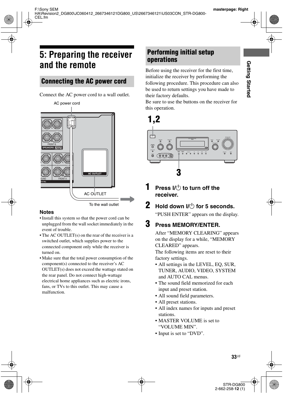 Preparing the receiver and the remote, Age 33, Connecting the ac power cord | Performing initial setup operations, Press ? / 1 to turn off the receiver, Hold down ? / 1 for 5 seconds, Getting star ted, Push enter” appears on the display | Sony STRDG800 User Manual | Page 33 / 100