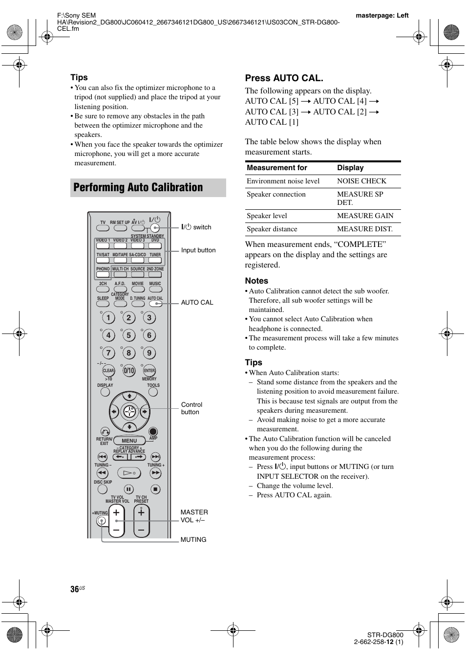 Performing auto calibration, Press auto cal, Tips | Sony STRDG800 User Manual | Page 36 / 100