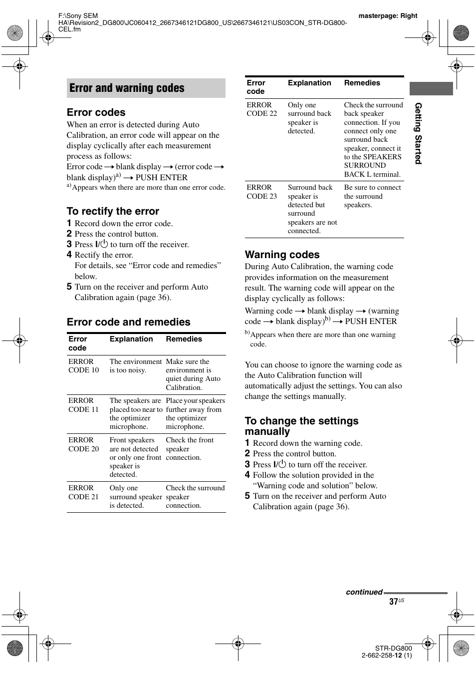 Error and warning codes, Error codes, Error code and remedies warning codes | Sony STRDG800 User Manual | Page 37 / 100