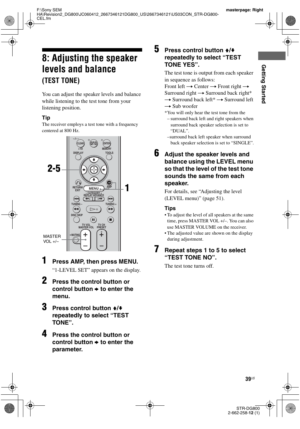 Adjusting the speaker levels and balance, Test tone) | Sony STRDG800 User Manual | Page 39 / 100