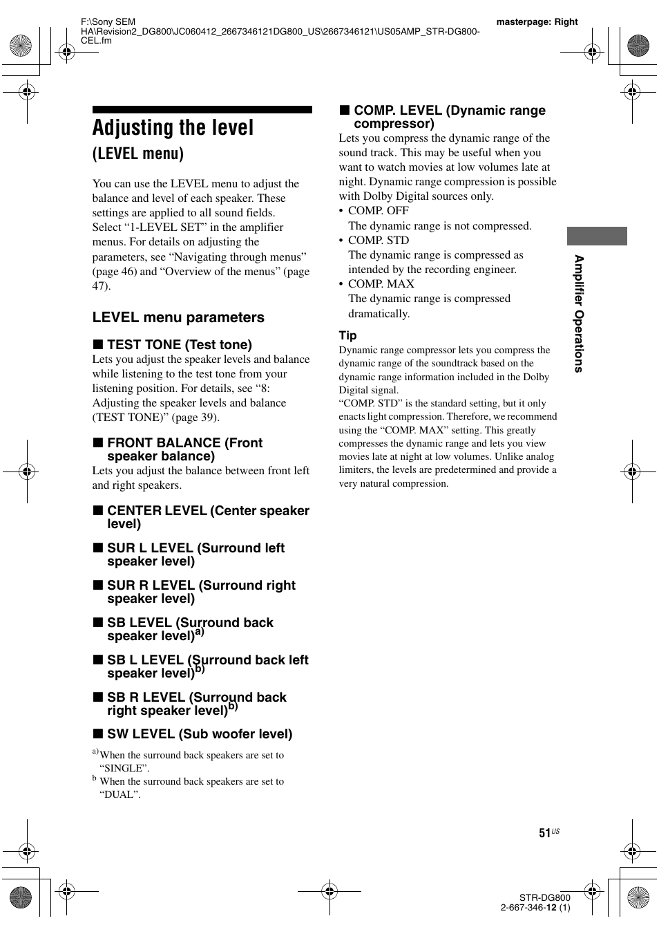 Adjusting the level (level menu), Adjusting the level, Level menu) | Level menu parameters | Sony STRDG800 User Manual | Page 51 / 100