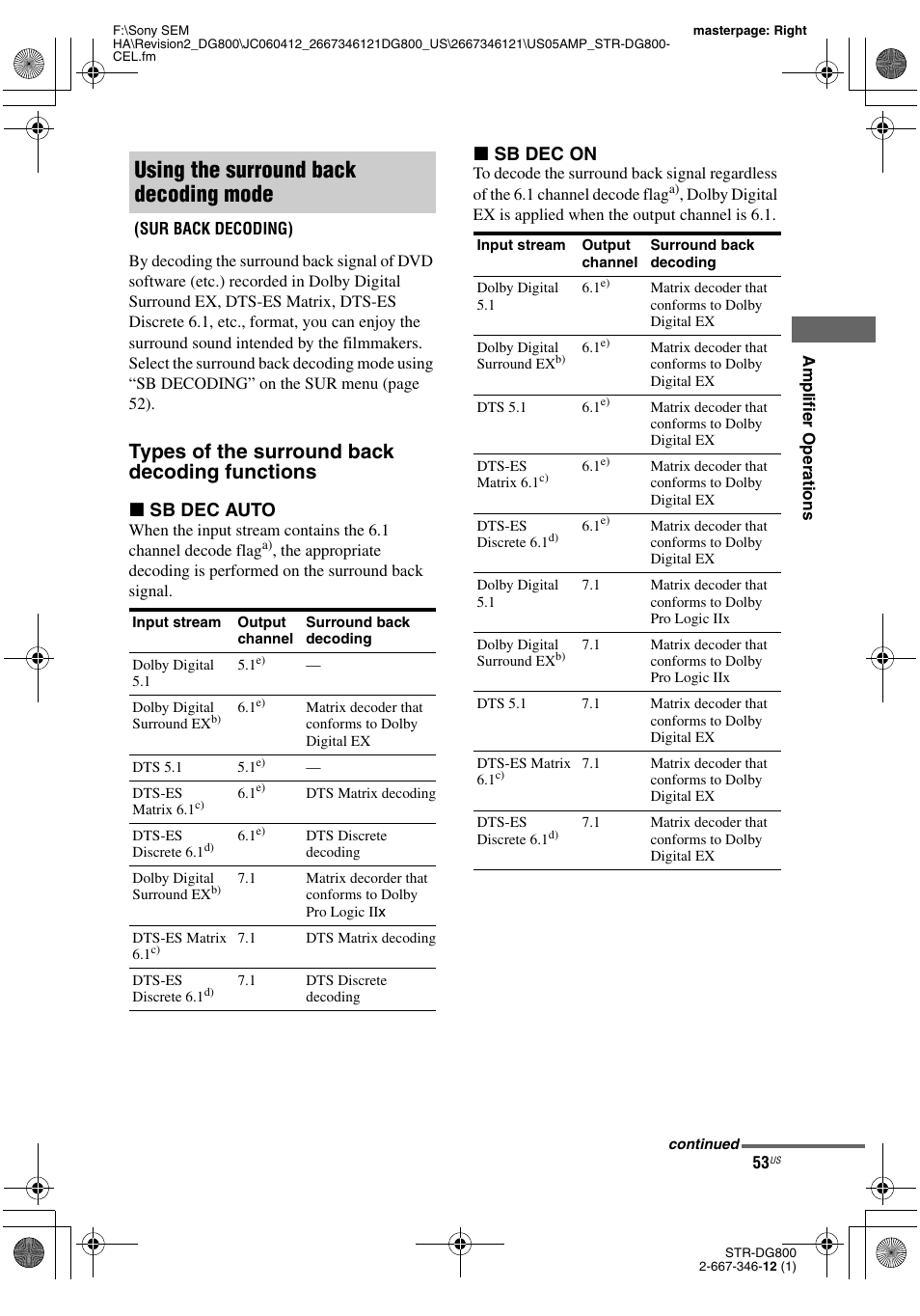 Using the surround back decoding mode, Types of the surround back decoding functions, X sb dec auto | X sb dec on | Sony STRDG800 User Manual | Page 53 / 100