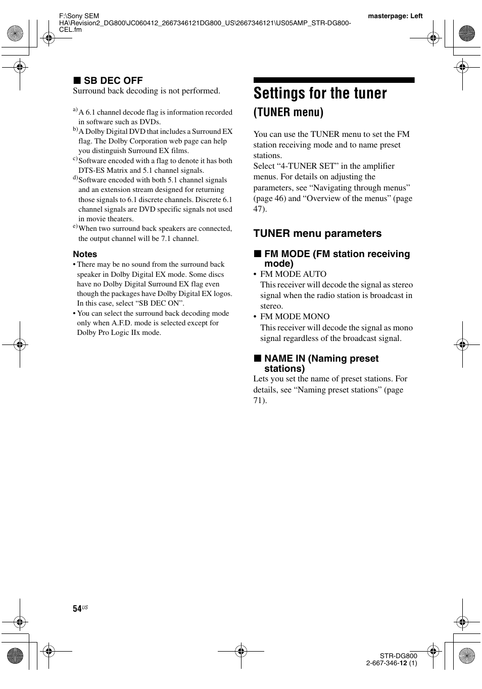 Settings for the tuner (tuner menu), Settings for the tuner, Tuner menu) | Tuner menu parameters | Sony STRDG800 User Manual | Page 54 / 100