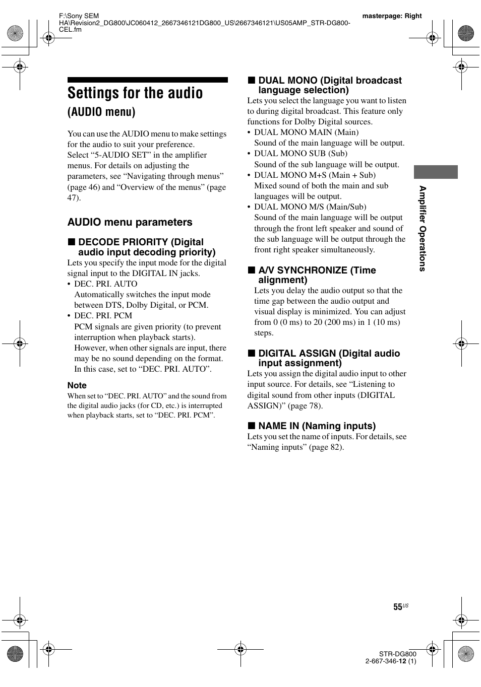 Settings for the audio (audio menu), Settings for the audio, Audio menu) | Audio menu parameters | Sony STRDG800 User Manual | Page 55 / 100