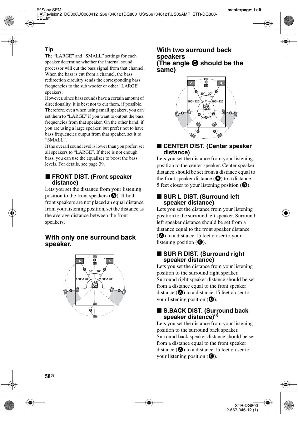 X front dist. (front speaker distance), X center dist. (center speaker distance), X sur l dist. (surround left speaker distance) | X sur r dist. (surround right speaker distance), X s.back dist. (surround back speaker distance) | Sony STRDG800 User Manual | Page 58 / 100