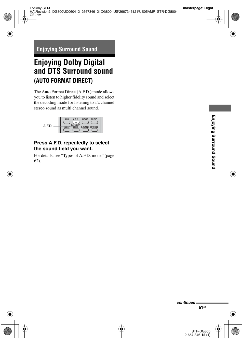 Enjoying surround sound, Enjoying dolby digital and dts surround, Sound (auto format direct) | Enjoying dolby digital and dts surround sound, Auto format direct) | Sony STRDG800 User Manual | Page 61 / 100