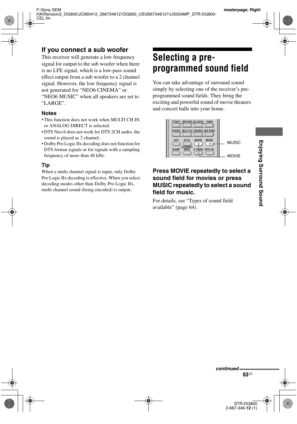 Selecting a pre- programmed sound field, Selecting a pre-programmed sound field, If you connect a sub woofer | Sony STRDG800 User Manual | Page 63 / 100