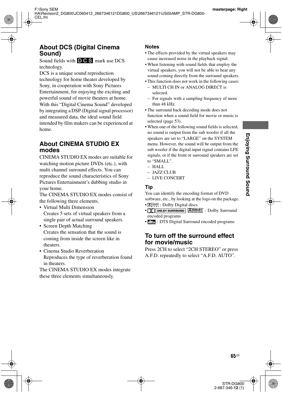 About dcs (digital cinema sound), About cinema studio ex modes | Sony STRDG800 User Manual | Page 65 / 100