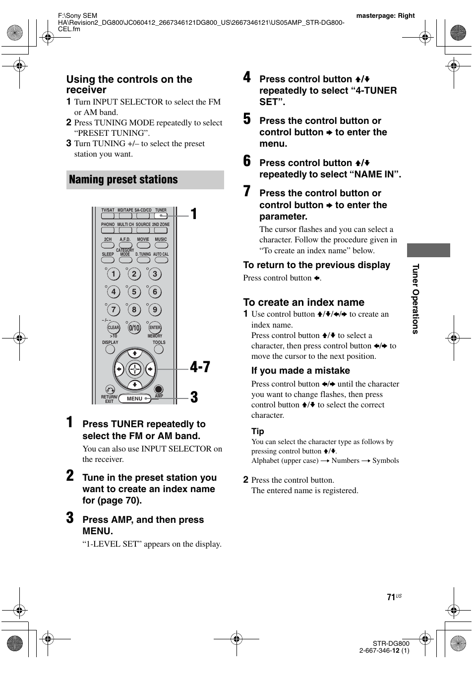 Naming preset stations, Using the controls on the receiver | Sony STRDG800 User Manual | Page 71 / 100