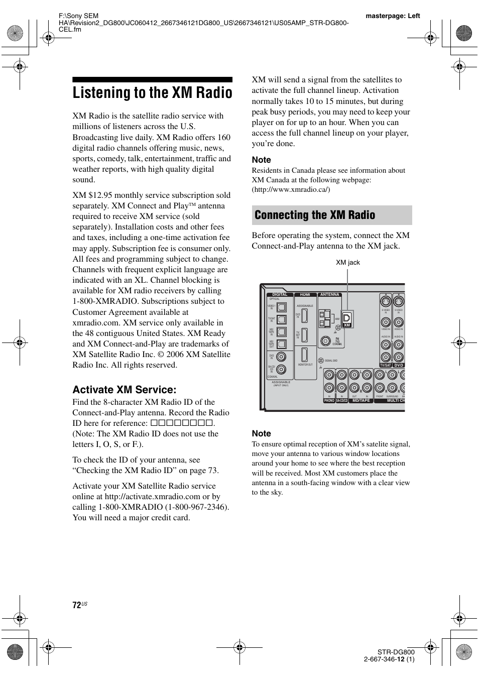 Listening to the xm radio, Connecting the xm radio, Activate xm service | Sony STRDG800 User Manual | Page 72 / 100