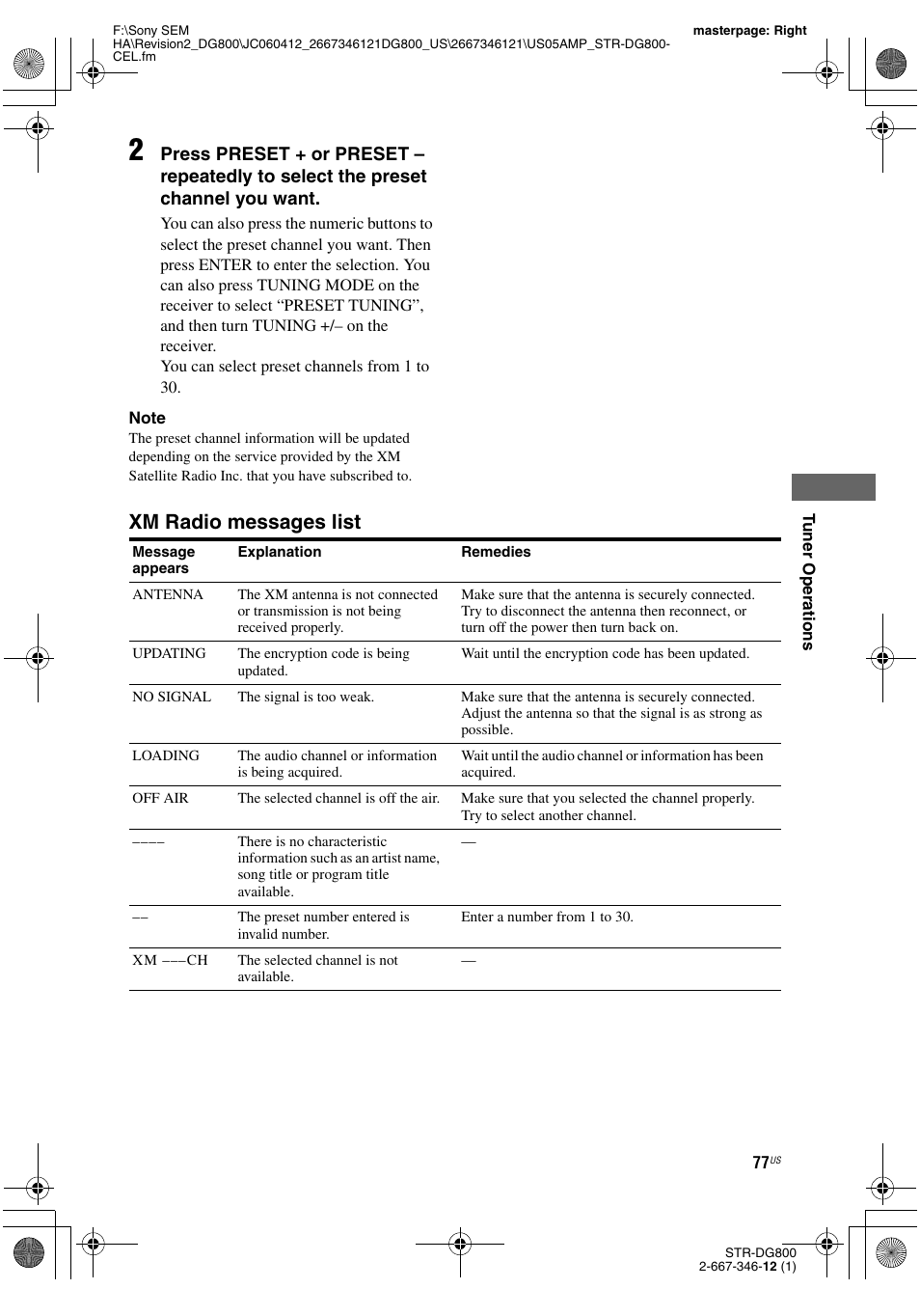 Xm radio messages list | Sony STRDG800 User Manual | Page 77 / 100