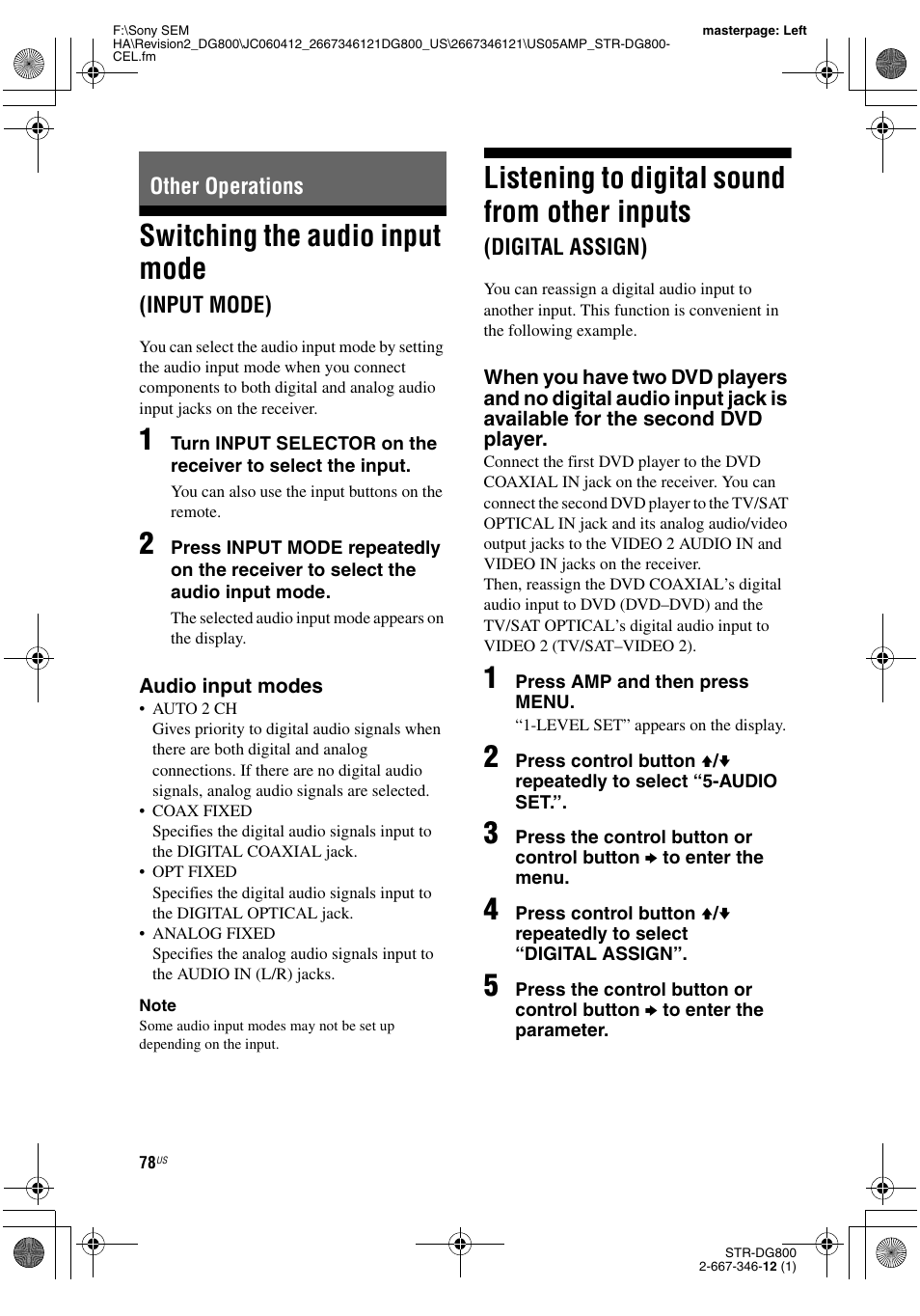 Other operations, Switching the audio input mode (input mode), Switching the audio input mode | Input mode), Listening to digital sound from other inputs, Digital assign) | Sony STRDG800 User Manual | Page 78 / 100